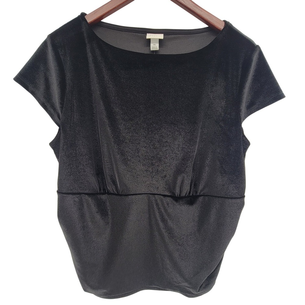A New Day Women XL Black Velvet Empire Waist Cap Sleeve Boat Neck Blouse Top